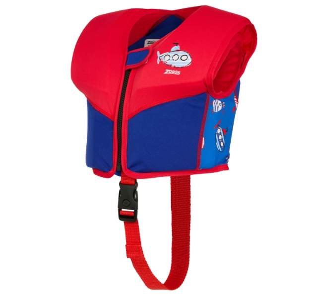 Bright red and blue child's life vest with submarine motifs. Features adjustable black and red straps. Conveys safety and playful design.