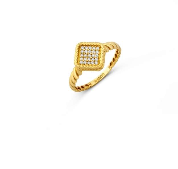 Elegant gold ring with a twisted band design, featuring a square face adorned with small, sparkling diamonds. The setting is intricate and luxurious.