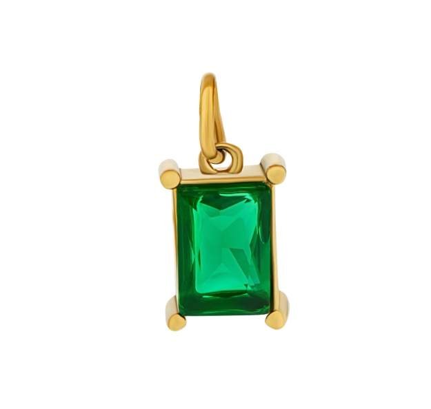 Gold rectangular pendant with a vivid green gemstone, set in a minimalist prong setting. The polished finish exudes elegance and sophistication.