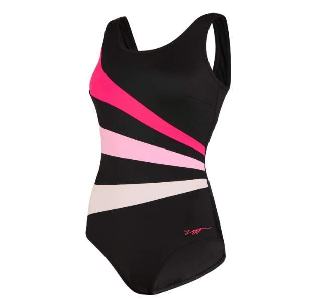 Black one-piece swimsuit with pink, light pink, and beige diagonal stripes and a small signature detail on the hip.