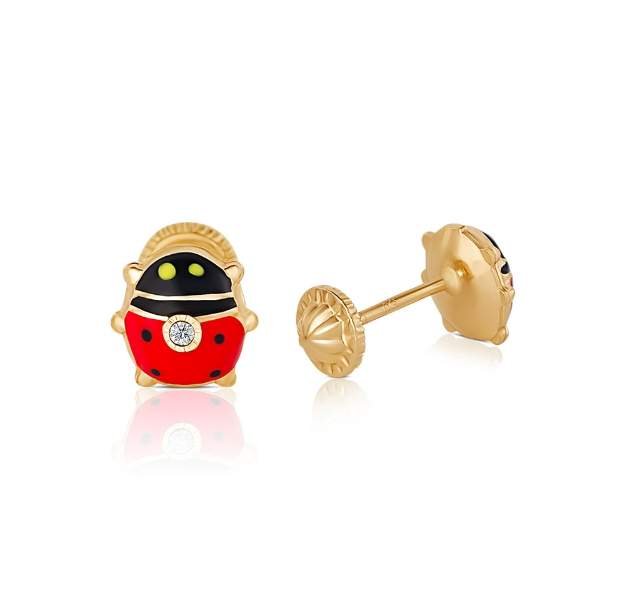 Gold ladybug earrings with red and black enamel detailing and small diamond accents. The playful design creates a charming and whimsical feel.